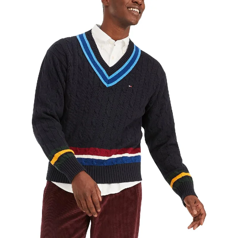 Tommy Hilfiger Mens Cable Knit Varsity V-Neck Sweater